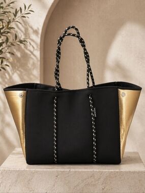 PreneLove Black/Rose Gold Neoprene Large Tote Bag Handbag Travel Beach Shopper